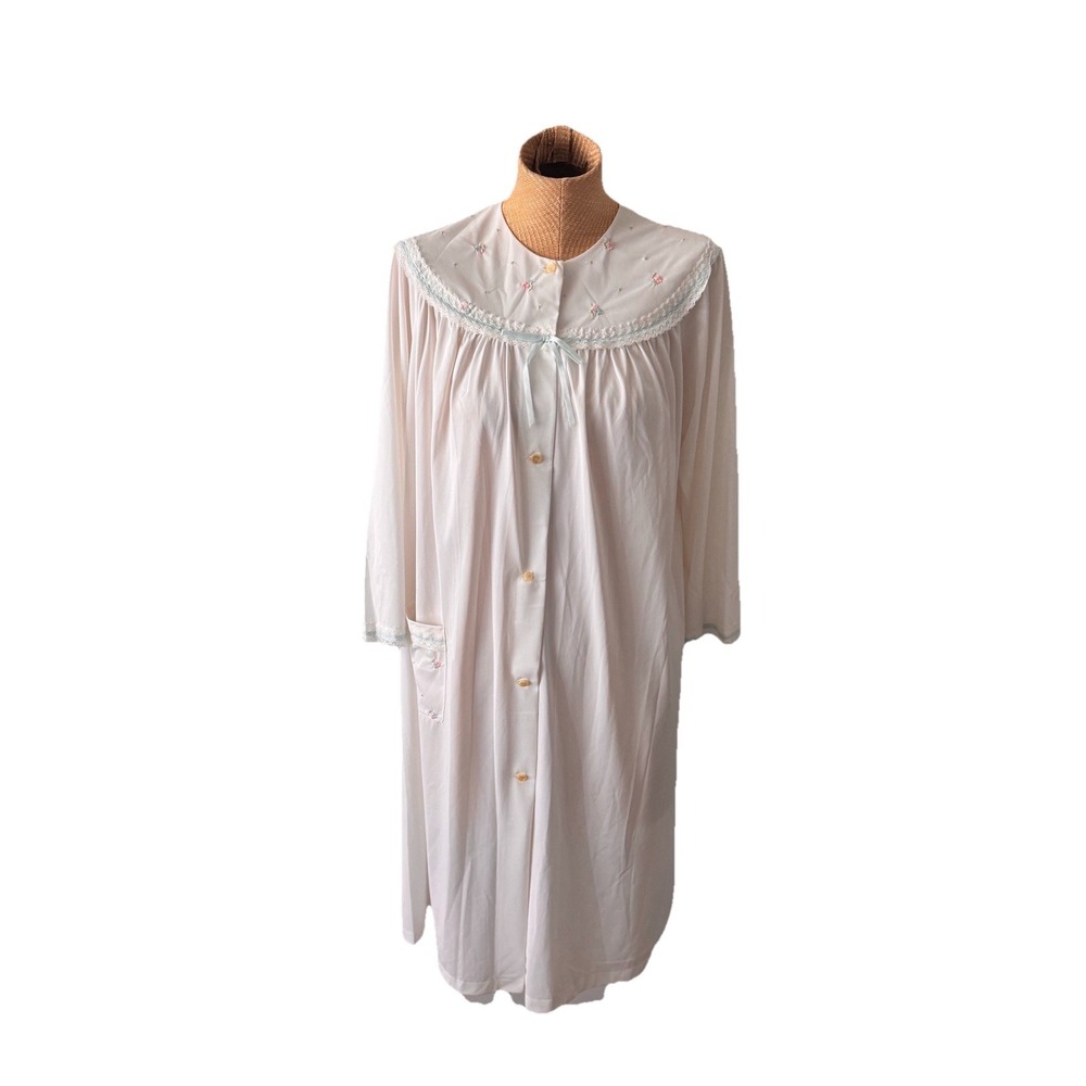 Vintage Shadowline Long Nightgown Womens Small White Nylon Lace Embroidered Blue